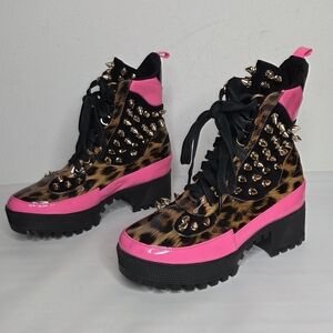 Cape Robbin Boots Spike Stud Feisty Punk Animal Print Hot Pink Chunky Lace Up 6M